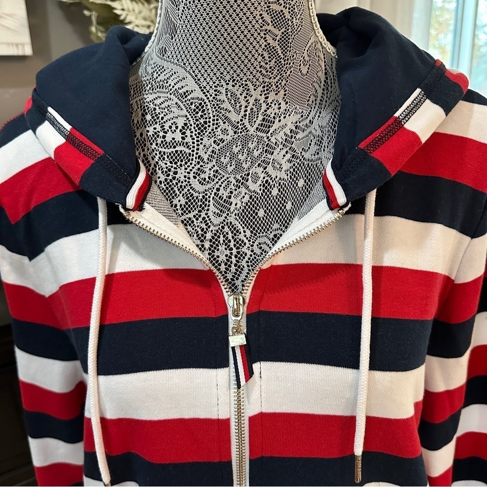 Tommy Hilfiger Red White Blue Stripe Zip Hoodie Classic Preppy Size Medium - Picture 3 of 16